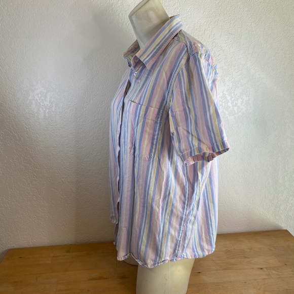 Blair Womens Med Pink Blue Stripe Cotton Blouse Button Front Short Sleeve Pocket - Picture 6 of 10